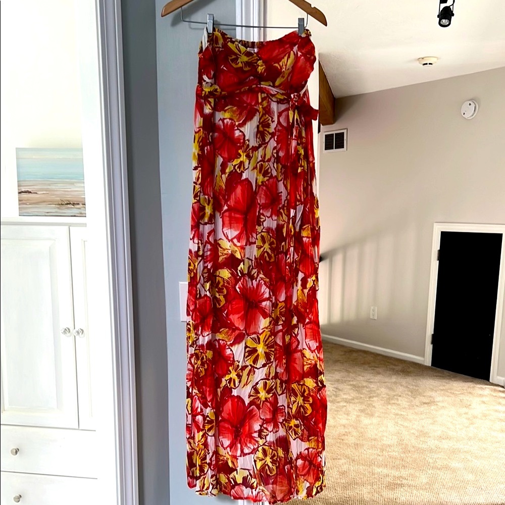 Floral Red/Coral and Yellow Sheer Maxi Dress Lined!